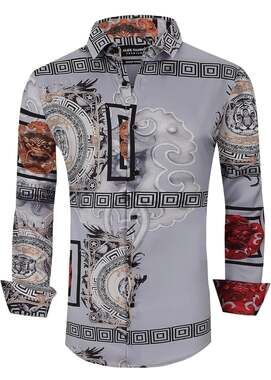 Men's Gold Paisley Print Long Sleeve Button-Up Shirt